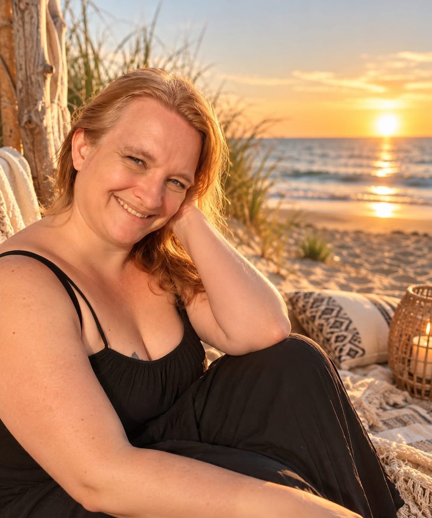 Danni Tempel sitzt entspannt am Strand bei Sonnenuntergang und lächelt, den Kopf in die Hand gestützt.