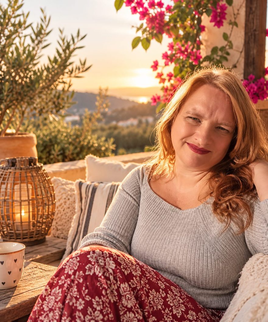 Danni Tempel sitzt gemütlich auf einer Terrasse im Abendlicht, neben ihr eine Laterne und Kissen.